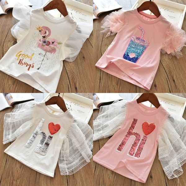 Kurzarm Sommer Mädchen T-shirts Flamingo Brief Cartoon Druck Tops Für Baby Mädchen Kleidung Pailletten T-shirt 20220224 H1