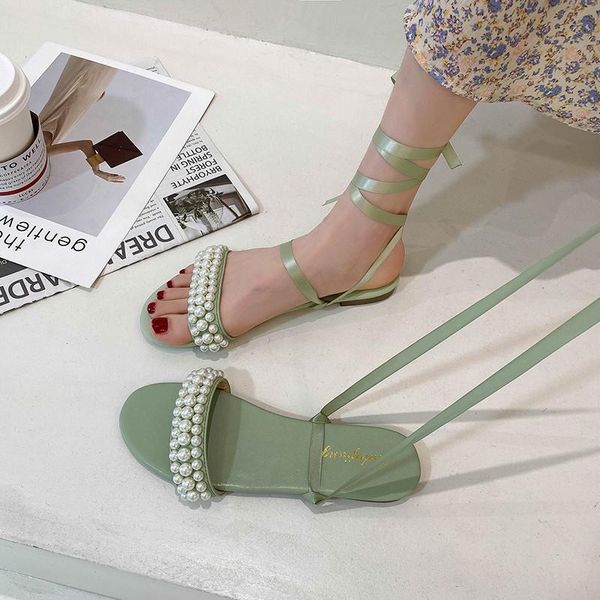 

sandals bohemian beach flats 2021 summer ankle strap lace-up green sandalias femininas flat with flip flops shoes woman slides, Black
