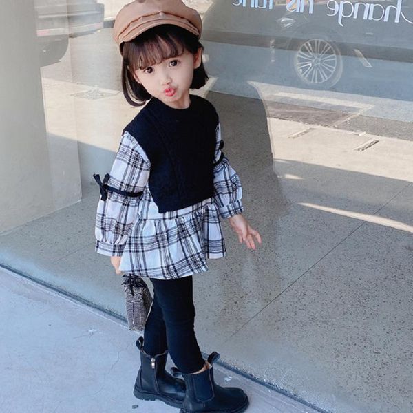 

girl's dresses girls dress autumn 2021 style little girl plaid stitching sweater princess for 4 years, Red;yellow
