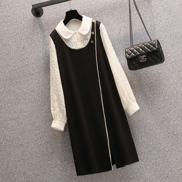 

large size women's 2021 new early spring fat sister show thin french age reduction fashion meat covered shirt dress, Black;gray