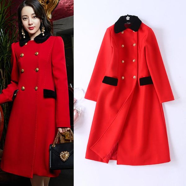

2021 autumn and winter new women's red and black contrast color slim coat plus long fashion jacket women a223