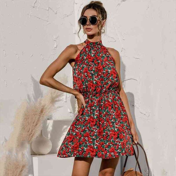 

summer floral mini dress women sleeveless halter beach dress boho short sundress ladies flower holiday party femme red, Black;gray