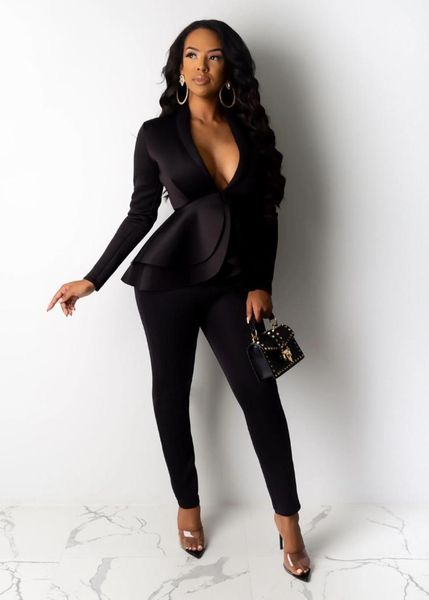 

women's two piece pants women winter set tracksuit full sleeve ruffles blazers pencil suit office lady outfits uniform, White