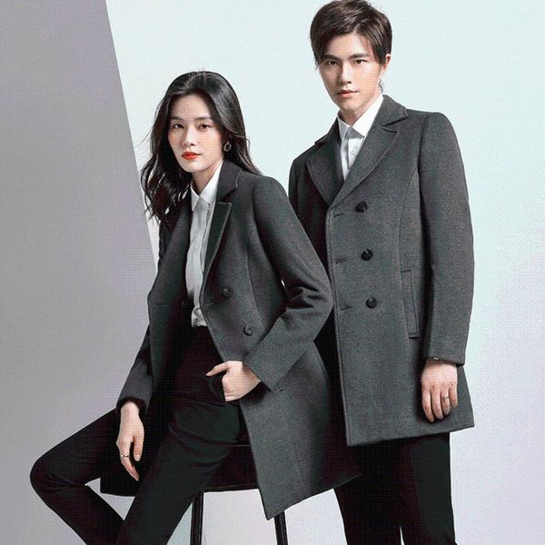 

women's wool & blends winter tweed warm coat for men and women, Black
