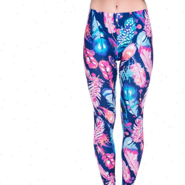 

leggings feathers color printing fitness legging elasticity leggins high waist slim legins trouser pants, Black