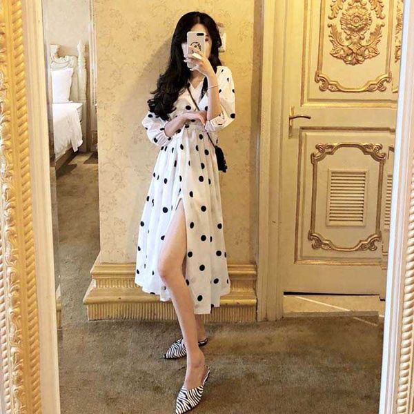 

summer ladies long dress white dot beach maxi women evening party sundress vestidos de festa 210601, Black;gray