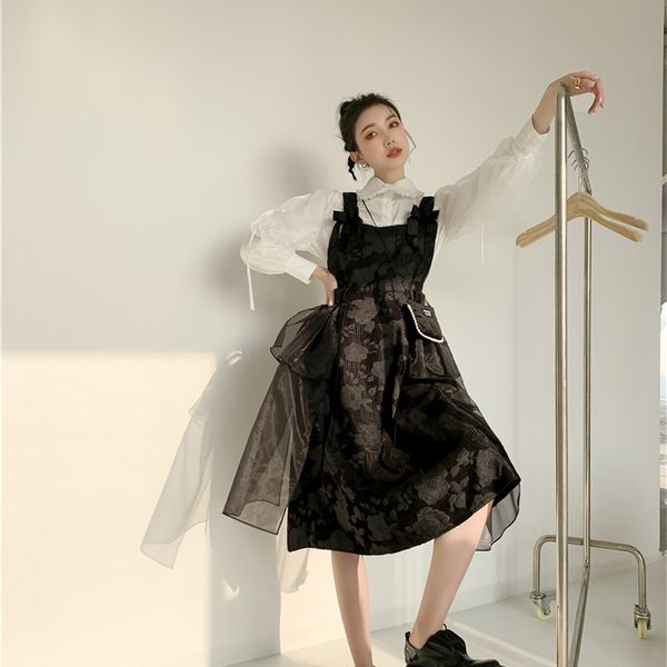 

casual dresses jacquard black patchwork mesh sleeveless vintage tank bow tunic a line long ladies midi fairy clothes 7r95, Black;gray