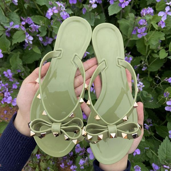 

slippers rivets bowknot sandals summer woman beach flip flops jelly shoes pvc slides girls slip on flat with women studs, Black