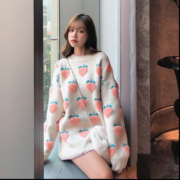 

sweet cute pink strawberry knitted sweater peach snowflake women loose casual pullover sweater winter warm 2021 woman clothes, White;black