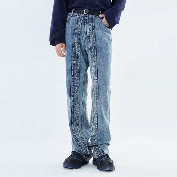 

men's jeans 2021 stitching denim casual pants retro style loose high waist straight blue color baggy trousers