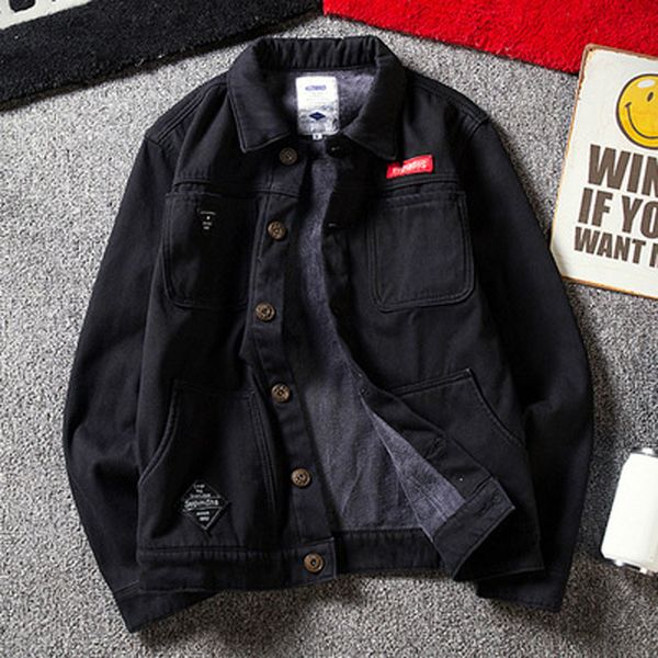 

men's jackets 2021 fashion denim jacket men's tooling autumn winter denim korean baseball uniform function plus velvet coat b1, Black;brown