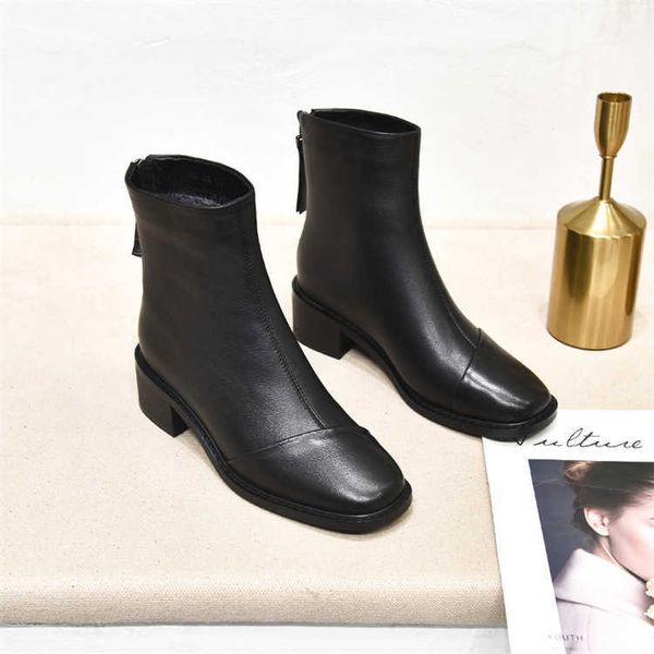

soft sheepskin square head back zipper thick heel fashion boots women's 2021 autumn and winter new leather thin boots small short boots, Black