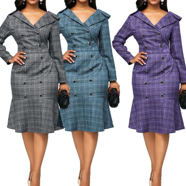 

casual dresses fashion women plaid button v neck long sleeve mermaid tail evening party dress, Black;gray