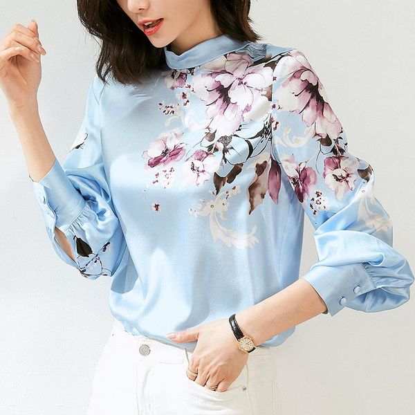 

women's blouses & shirts elegant fashion real silk casual shirt spring autumn stand collar long sleeve loose floral print lady satin bl, White