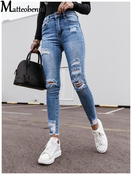 

spring and autumn women's fashion slim jeans ripped gradient long jeans streetwear denim regular pants retro casual pants, Blue