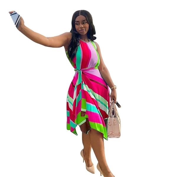 

rainbow striped women dresses summer arrival sleeveless high waist office lady elegant robe ion party and club wear 210525, Black;gray