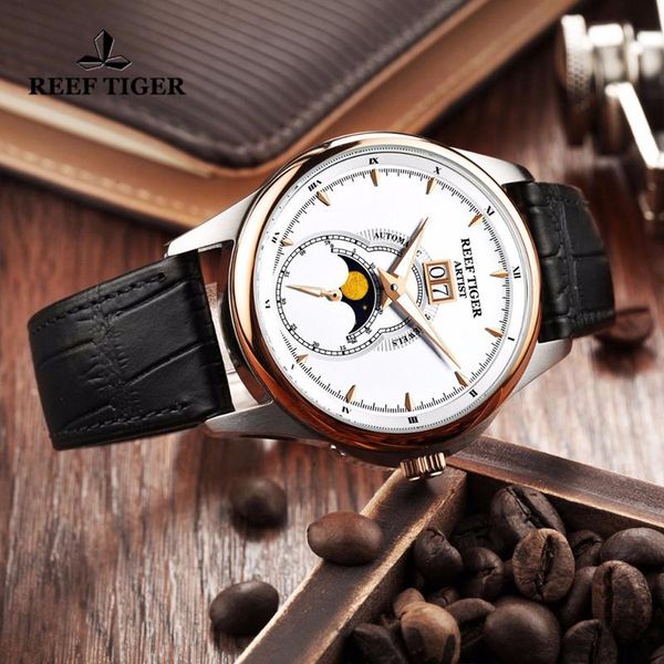 

reef tiger/rt fashion brand business men mechanical watches moon phase double window date leather strap watch, Slivery;brown