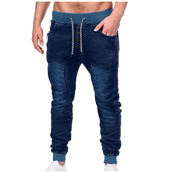 

yoga outfit men stretch jeans elastic waist drawstring multi-pockets sports pants hip-hop denim male casual jogging cargo pantalones