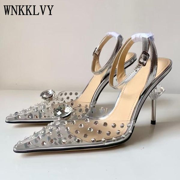 

sandals 2021 spring summer thin high heels women crystal decor pumps clear pvc sandalias party banquet dress shoes, Black