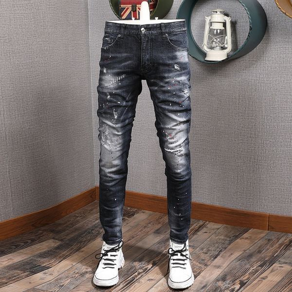 

2021 new italian vintage fashion men retro black blue slim fit ripped jeans streetwear painted designer long pants fbpb