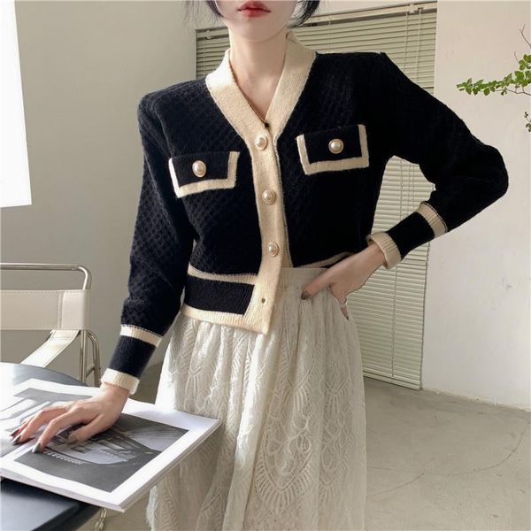

women's sweaters french fashion knitted cardigan coat spring and autumn 2021 celebrities high-end temperament short knit sweater, White;black