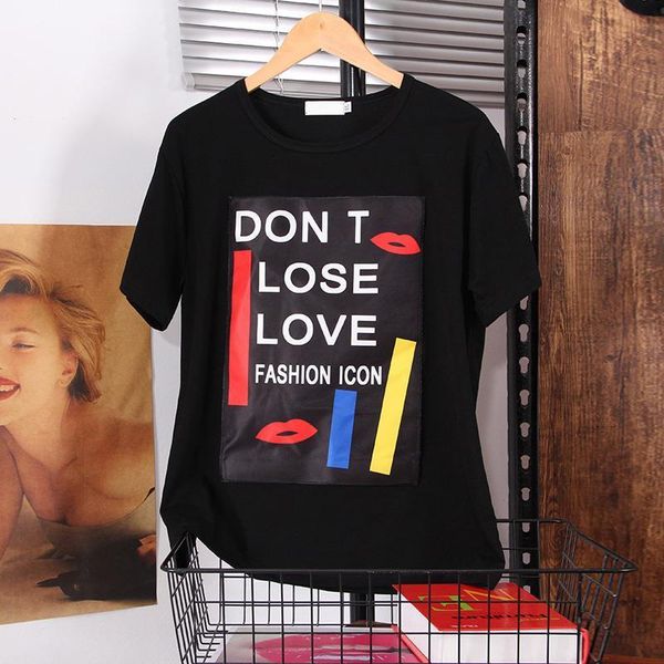 

5xl large size tee 2021 summer new fashion o-neck print appliques lady loose leisure short-sleeved women t-shirt, White