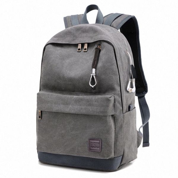 

fggs-men's backpack recharge usb retro earphone canvas travel sport casual multifunction gray d7vq#