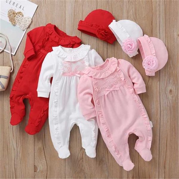 Bebê macacão menina romper + chapéu outono inverno de manga longa macacão de algodão de algodão roupa infantil crianças jumpsuits 211011