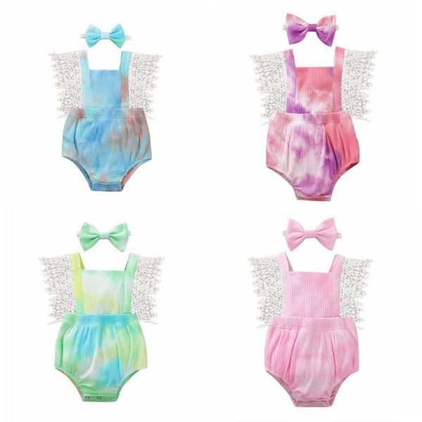 

baby clothing set tie-dye rompers cotton sleeveless suits multicolor nylon lace girls clothing bowknot hairband children onesies 2pcs wmq628, White