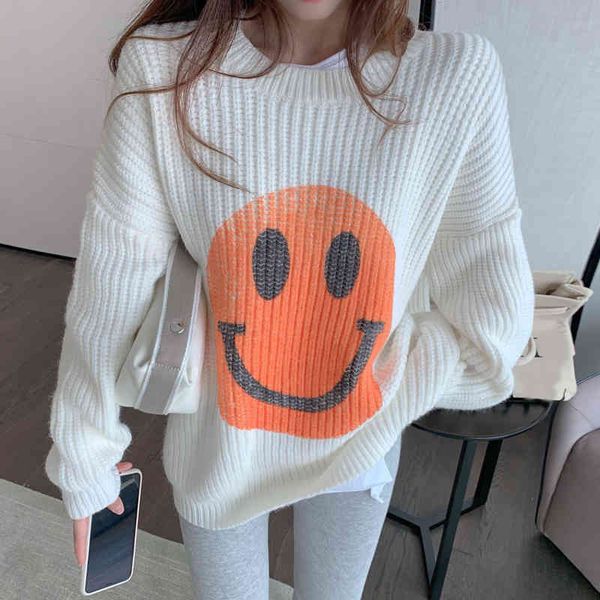 

women's sweaters mosimolly shirt with a smile pattern, woman's knitting sweater loosely style round turtleneck 8e86, White;black