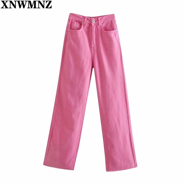 XNWMNZ Wome Moda gamba larga rosa rosso Jeans Donna Chic tasche a vita alta bottone zip fly pantaloni a figura intera Pantaloni donna 210708