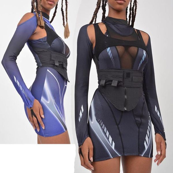 

casual dresses sports style round neck mesh stitching design dress two piece set mini long sleeve patchwork women bodycon clubwear, Black;gray