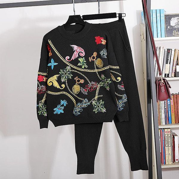 

fashion black knitted outfits women tracksuit handwork embroidery flowers pullover sweater long pants set female loose knit suit, White