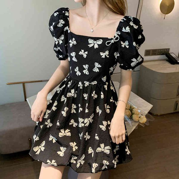 

casual dresses fashion bow print women mini high waist pullover puff sleeve summer a line off shoulder party vestidos tf58, Black;gray