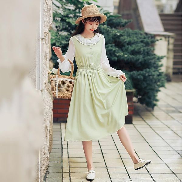 

casual dresses dress women 2021 spring summer elegant button a-line vestidos solid long sleeve sweet o-neck voile mesh, Black;gray