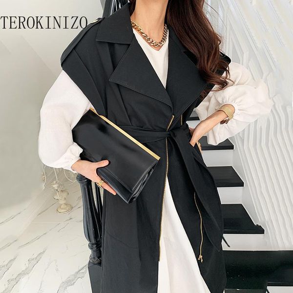 

women's vests terokinizo korean elegant black women turn down collar sleeveless long waistcoats zip up slim waist lace chic, Black;white