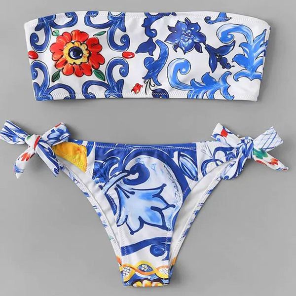 

women's swimwear floral print bikini women push up bandeau ladies bandage 2 pieces bathing suits biquini brasileiro #g1, White;black