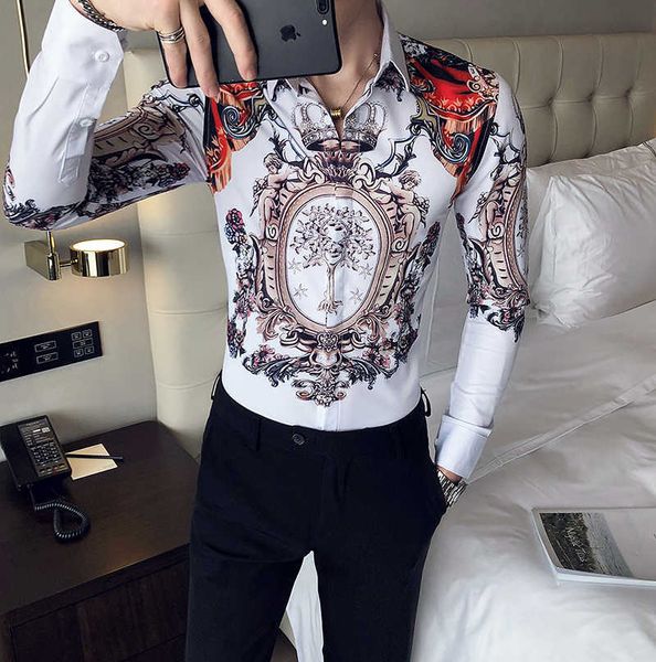 

luxury crown print men shirts camisa masculina long sleeve casual slim fit shirt retro streetwear nightclub party men clothing 210527, White;black