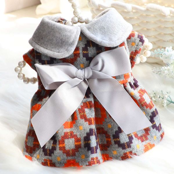 

dog autumn and winter grey bowtie woolen skirt warm cute small pet clothing