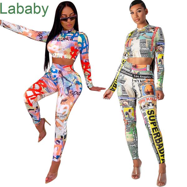 

women tracksuits two pieces set designer 2021 spring new digital newspaper letters printed trumpet sleeve short high waist slim trousers, Gray