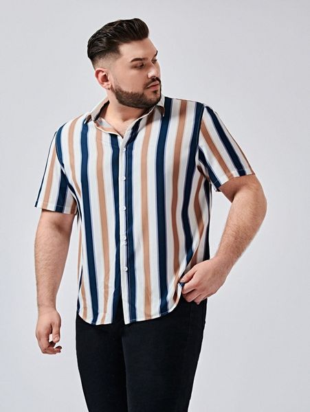 

extended sizes men striped print single button placket shirt x6i6#, White;black