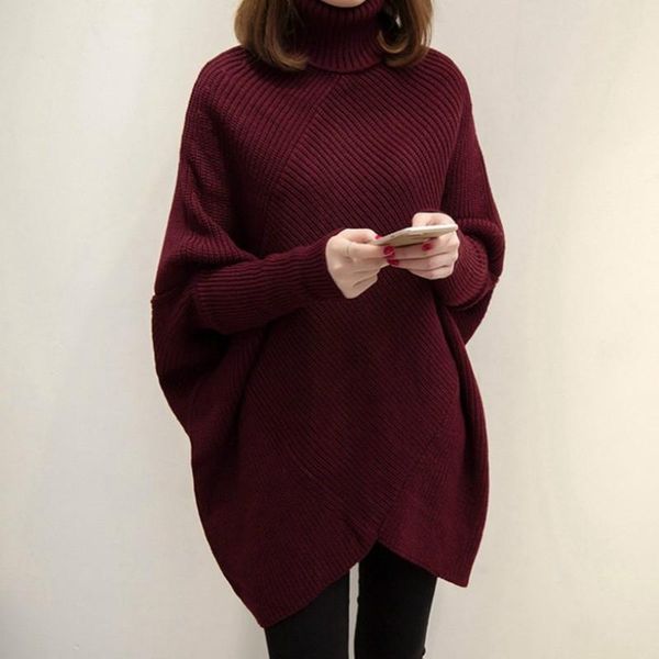 

women's sweaters women autumn winter burgundy oversized turtleneck pullover sweater batwing sleeve knitted jumpers irregular length, White;black