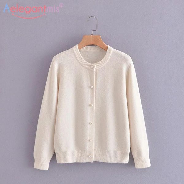 

women's knits & tees aelegantmis o-neck knitted cardigan for women pearl buttons sweaters outwear casual solid single breasted jumpers, White