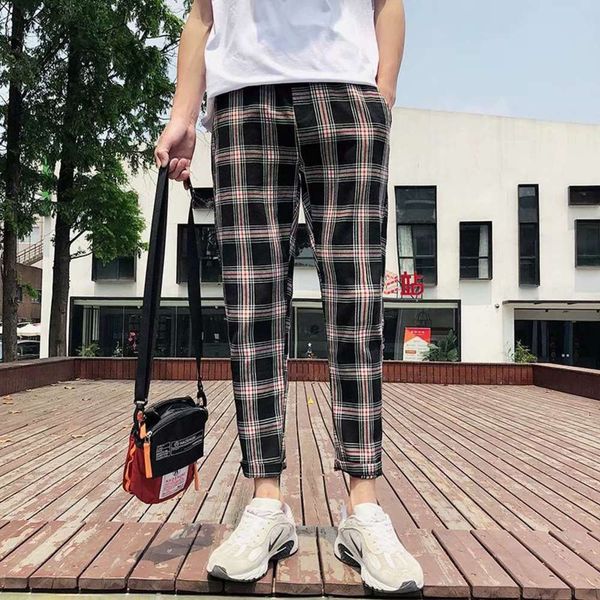 

trendy plaid capris men's loose casual student korean trend versatile straight wide leg pants, Black