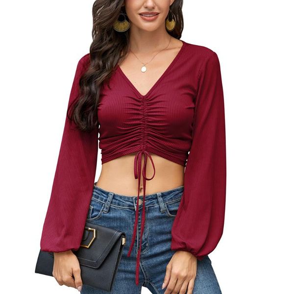 

women wrapped shirts casual bandage summer drawstring v-neck tie up front blouse streetwear blusas femme, White