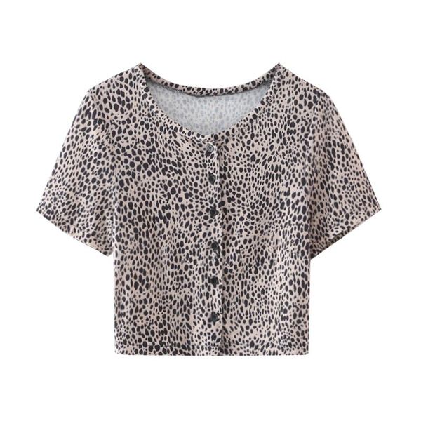 

women's blouses & shirts zxqj women 2021 fashion leopard print loose vintage short sleeve button-up female blusa chic, White