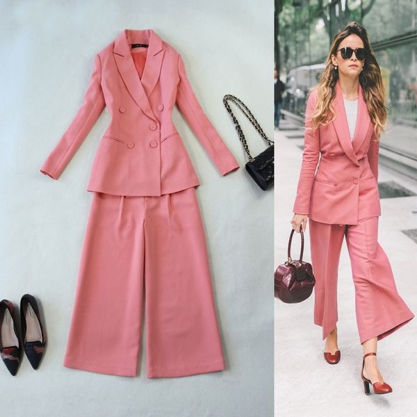 

large size women'sspring and autumn new women's set of decoration double-breasted long + nine points wide leg pants suit wt6i, White