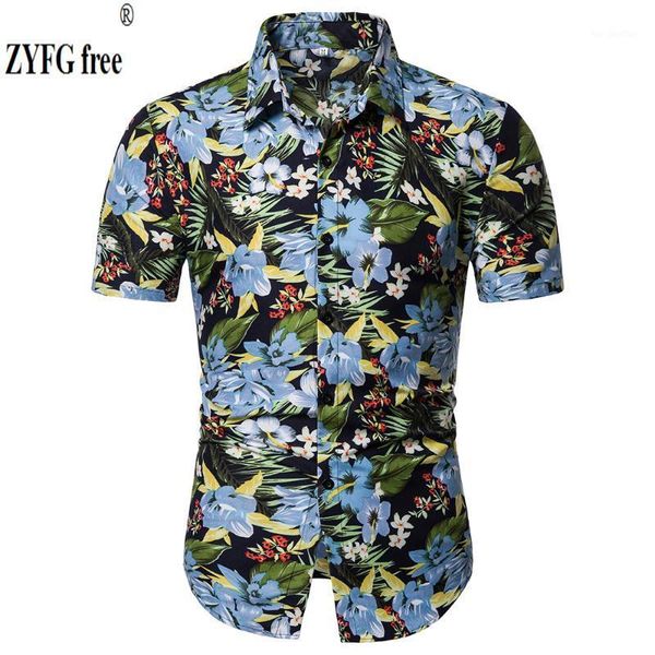 

men's casual shirts 2021 summer men's short-sleeved shirt cotton blended turn-down collar floral print youth vitality1, White;black