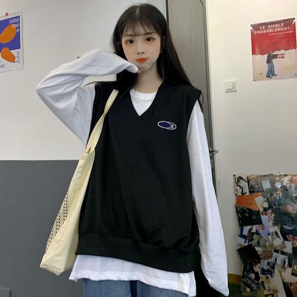 

women's vests vest women sweater autumn waistcoat 2021 korean knitted woman pullover two-piece clothes chaleco punto mujer lxr1098, Black;white