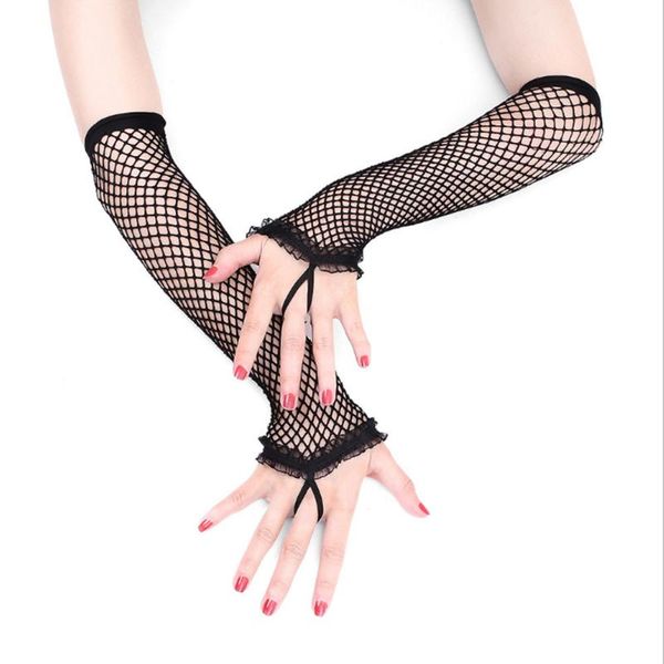 

five fingers gloves women hollow out holes punk goth fishing net lace appeal mittens ladies disco dance costume mesh glove, Blue;gray